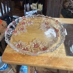 Mikasa Clear and Pink Floral crystal Serving Platter  12 inches diameter